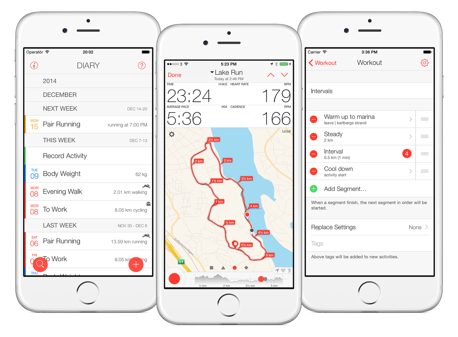 Bit of Exercise on iPhone: the diary, a recorded run with map and statistics, and the workout segment editor